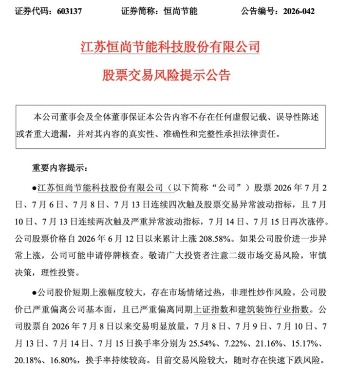 12天11板恒尚节能紧急公告:可能停牌核查
